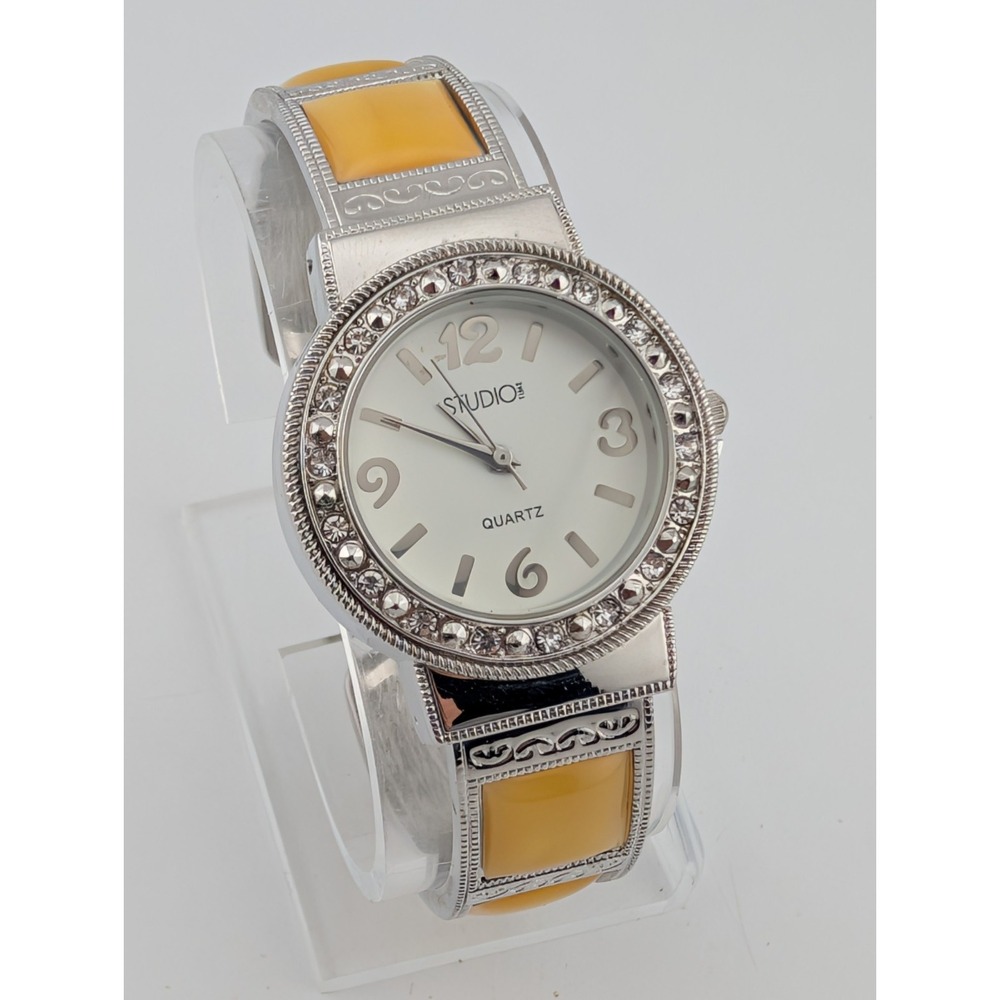Studio Time Watch Women 33mm Silver Tone Yellow MOP Inlay Cuff Bling New Battery